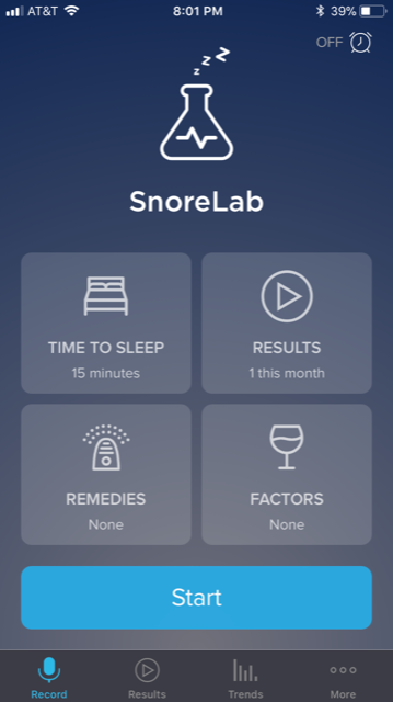 A screenshot of the SnoreLab snoring app interface on an iPhone, displaying snoring data and analysis.