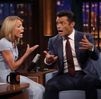 Kelly Ripa and Mark Consuelos on the set of Live with Kelly and Mark arguing 