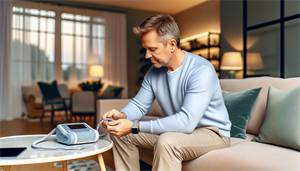 Photo of a person using at-home sleep apnea testing equipment