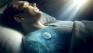 A person sleeping peacefully with a small device implanted in their upper chest