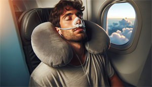 Traveler using anti-snoring gear on a plane