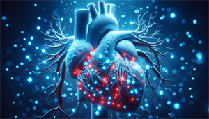 A human heart with oxygen molecules circulating through blood vessels