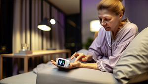 Photo of a person using a pulse oximeter to measure blood oxygen levels during sleep