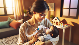 Illustration of a parent using a suction bulb to clear a baby's nasal congestion