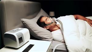 Photo of a person using a CPAP machine for sleep apnea treatment