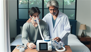 A person receiving guidance on setting up a CPAP machine